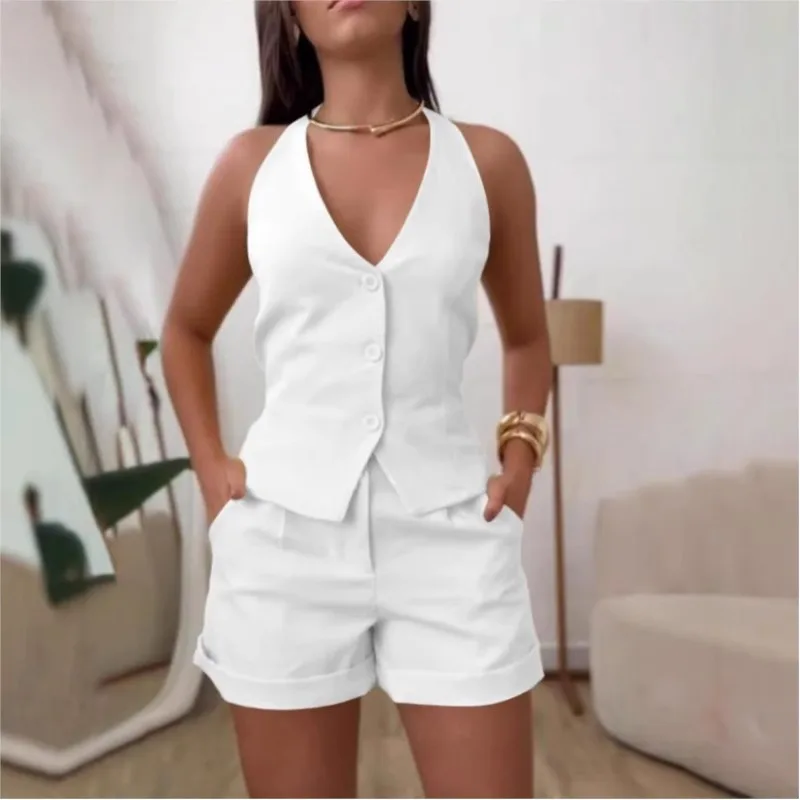

Elegant Commuter Single Breasted Waistcoat Shorts Set Solid V-neck Sleeveless Vest Top+High Waist Slim Shorts 2 Pieces Set Women