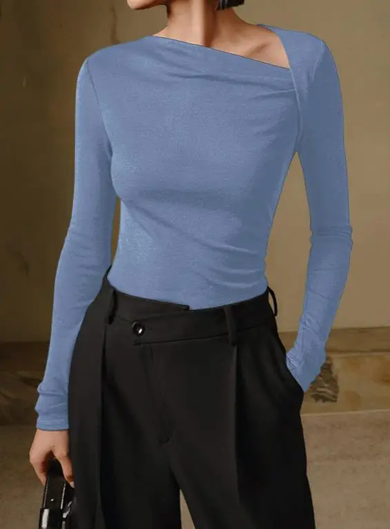 

Women's top Spring New Style French Elegant Fashion Simple Slant Collar Wrinkle Design Tight Fit Versatile Long Sleeve Top