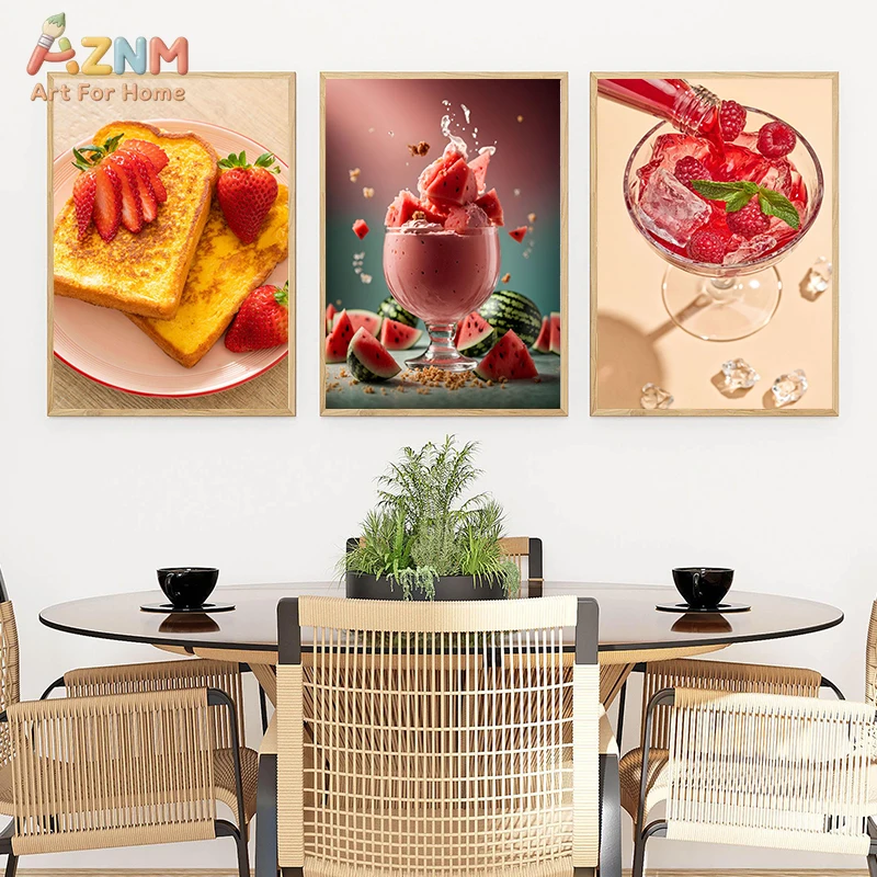 AZNM Gourmet Food Photography Canvas Wall Art, Realistic Strawberry French Toast Watermelon Smoothie Raspberry Cocktail Print, F