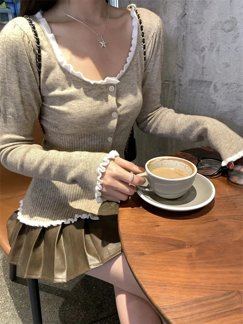 Korean Fashion Long Sleeve Cardigan Tops Autumn Spring Sweater 90s Vintage Knit Mori Girl Square Collar Lace Spliced Knitwears
