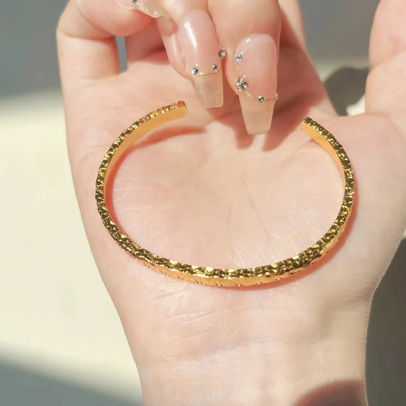 9999 gold ice-cracked bracelet with opening, luxurious and high-end style, simple ring, solid handband