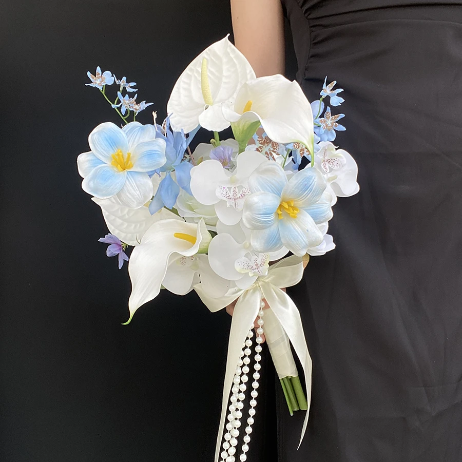Blue wedding certificate bridal bouquet simulated orchid, natural small fresh outdoor wedding photography fake flower