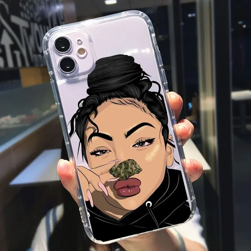 Fashion Black Girl Case For iPhone 16 15 14 13 Pro Max Mini Plus Non-Slip Silicone Transparent Soft Cover For Cute Girls Fundas