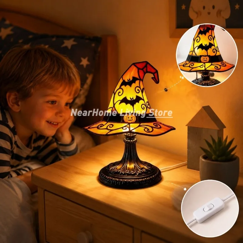 18x11.5x11.5cm Gothic Witch Hat Night Light USB Powered Resin Stained Home Halloween Party Table Lamp