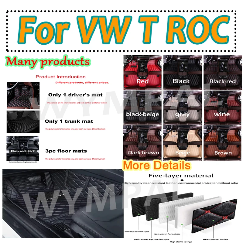 Luxury AUTO DropShipping Car Floor Mats For VW T ROC 2020~2022 Center Interior Leather Carpets Rugs Foot Pads Full Accessories