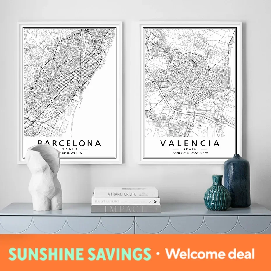 Mapas minimalistas en blanco y negro de ciudades de España, MARIDA BARCELONA, carteles modernos, impresiones, arte de pared, pintura en lienzo, decoración para sala de estar y hogar