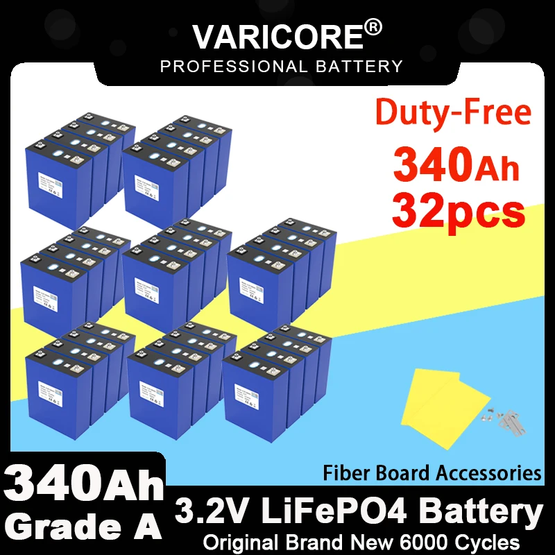 

32pcs 3.2V 340Ah Lifepo4 Rechargeable Battery Lithium Iron Phosphate for 12v 24v Travel Solar Golf Cart Yacht Grade A Tax Free