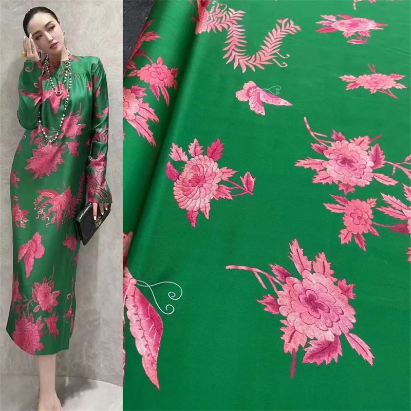 

Classic Chinese Element Phoenix Peony Printing Green Silk Fabric Luxury High-end Clothing DIY 21 Momme Twill Silk Fabric Satin