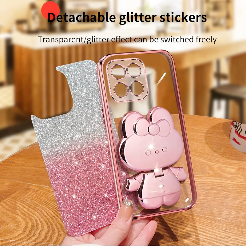 Case HONOR X8b X8a X8 X9a X9b X7a X7b X6 X6a 9X 8X X50 X40 X30 X20 X10 Gradient Glitter Makeup Mirror Rabbit Folding Stand Cover