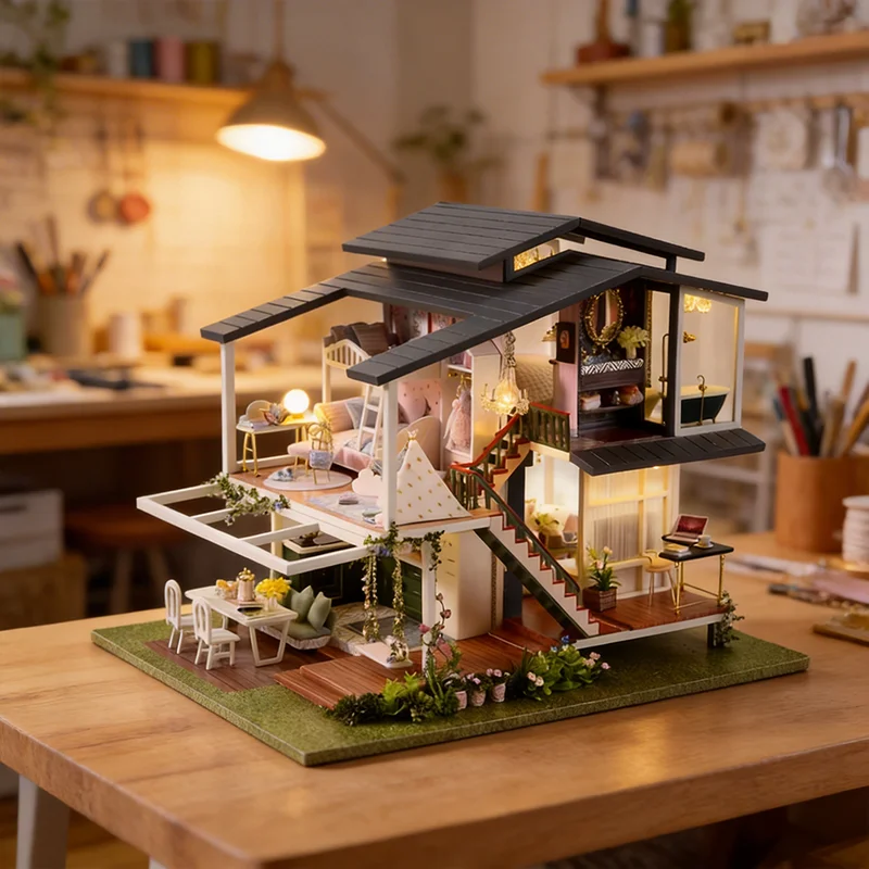 Modern 2-Story Dollhouse Kit with LED Light Wooden DIY Cozy Family Style Miniature Gift for Adults Home Decor