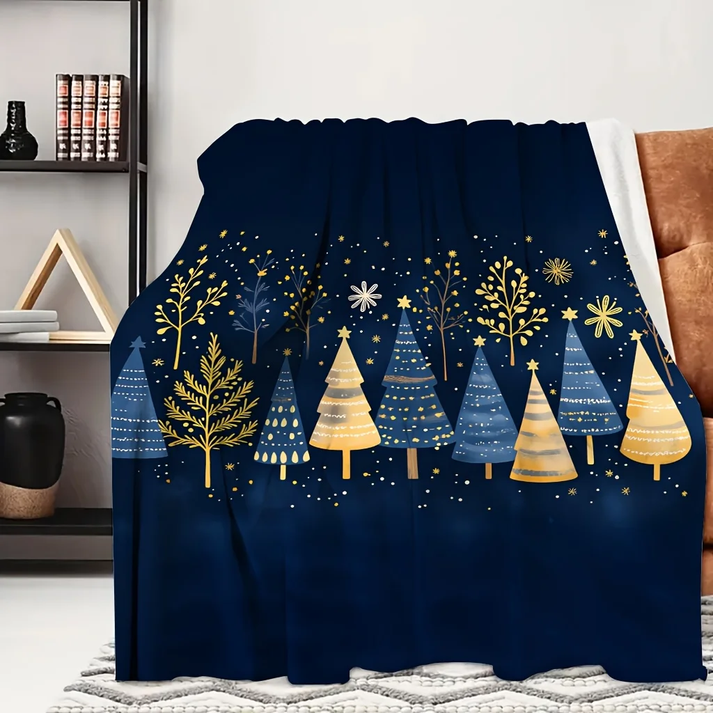 1pc Dark Blue Starry Winter Tree Print Flannel Blanket, Skin-friendly and Cozy, Suitable for Blankets, Kid Bed Covers, Game Room