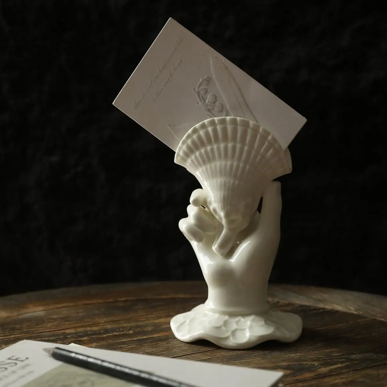 Vintage Shell Lady Hand Ceramic Flower Holder, Mid-Century Business Card Holder, Decorative Tabletop Ornament