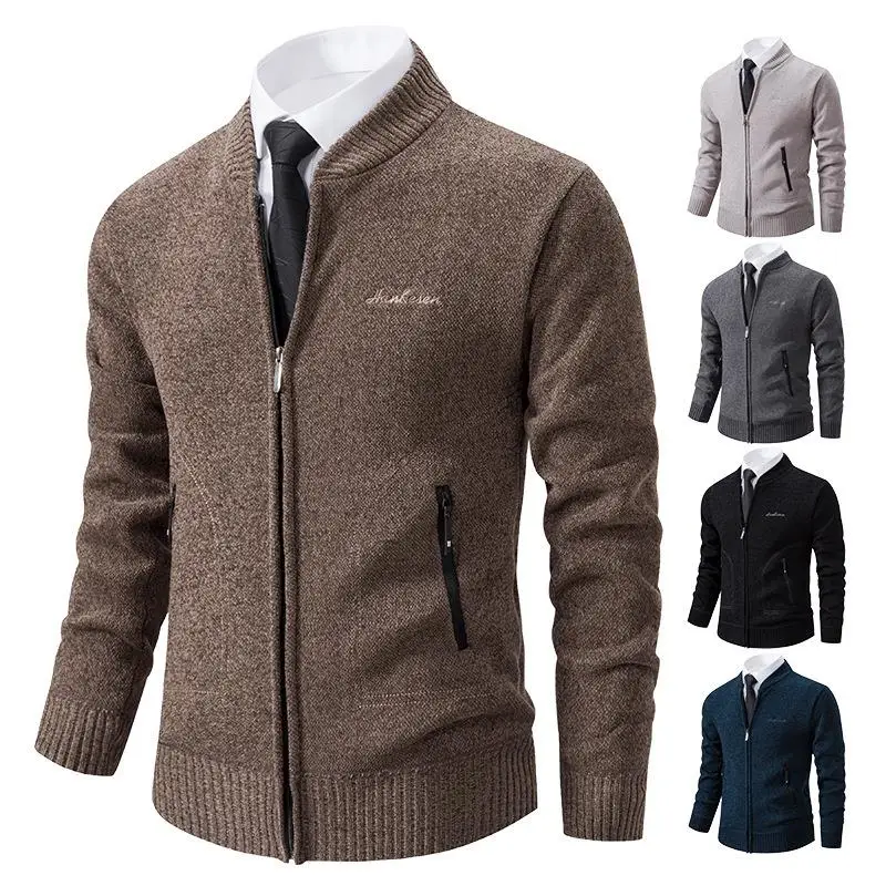 

Мужской модный утепленный вязаный кардиган на молнии с длинным рукавом и воротником-стойкой из полиэстера