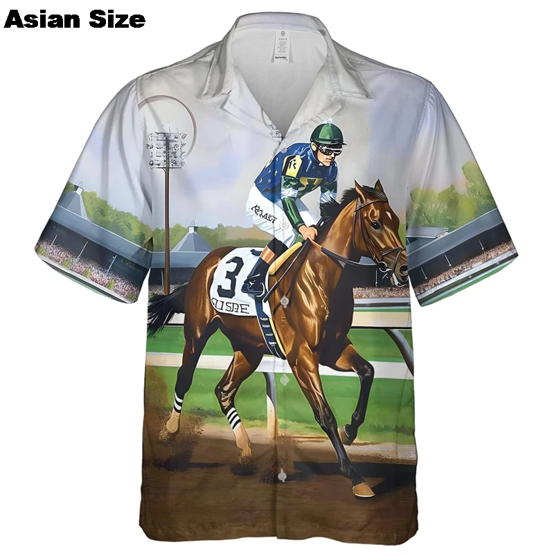 Hawaii Holiday Shirt Men's Clothing 3D Printed Funny Animal Pattern Shirts 2025 Fashion Trend Horse Racing Short Sleeves Blouse