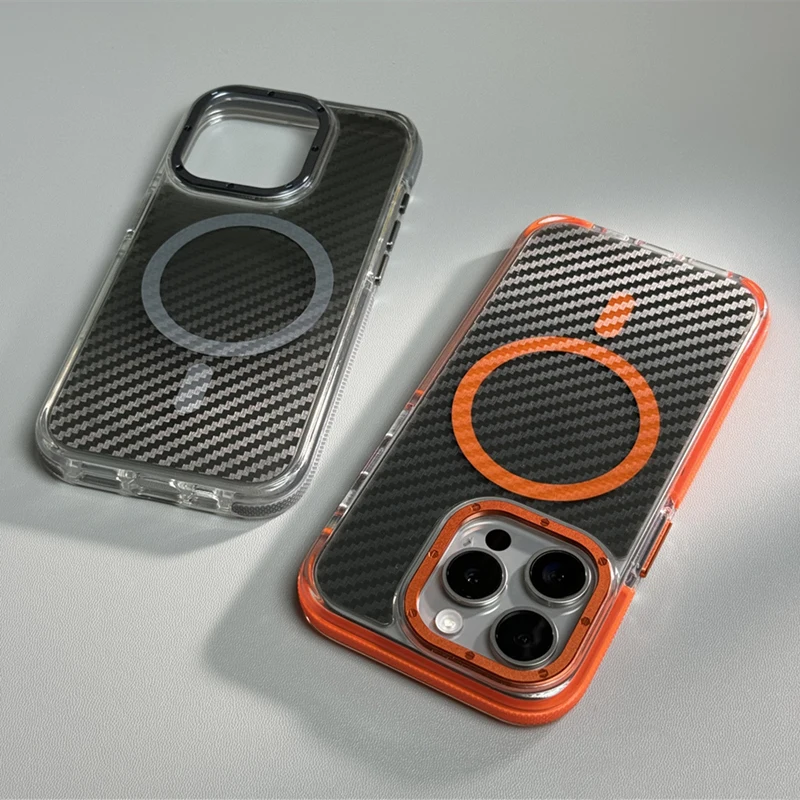 

Metal Lens Carbon Fibre MagSafe Phone Case for iPhone 16 15pro max 15 13 14 Pro 16pro 12 Wireless Charging Bumper Hard PC Cover