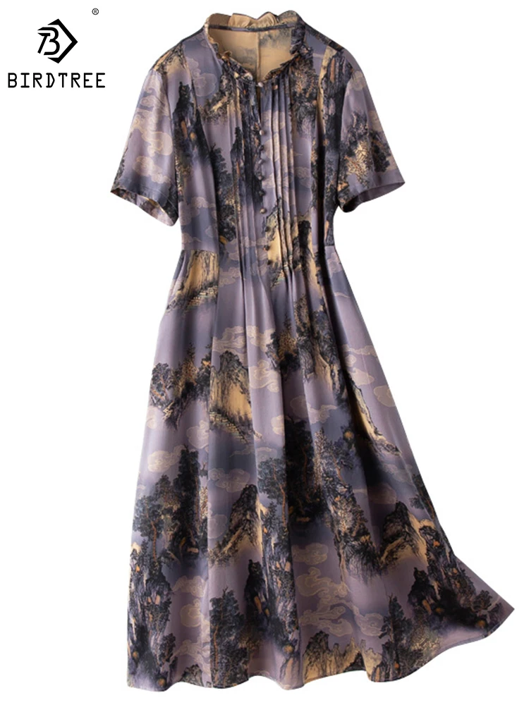 

Birdtree 19MM 89.2%Mulberry Silk Dress Women Stand Neck Short Sleeve Slim Retro Ink Painting Elegant A-line Dresses D41104QD