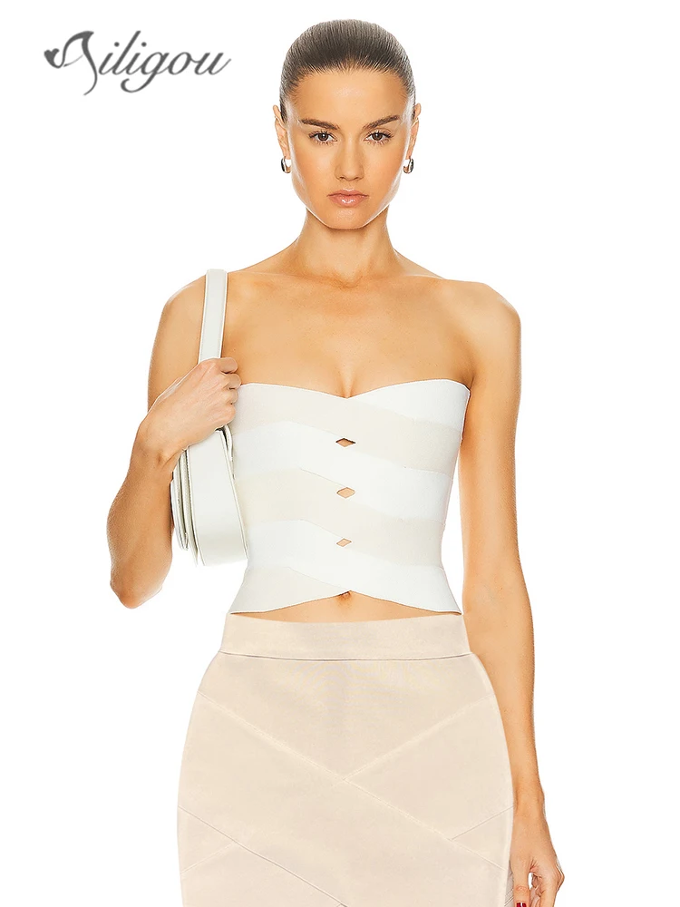 

Ailigou 2024 Summer New Women's 2-Piece Set with Khaki Bandage Open Navel Top and Skirt Hollow Sexy Bodycon Club Party Set