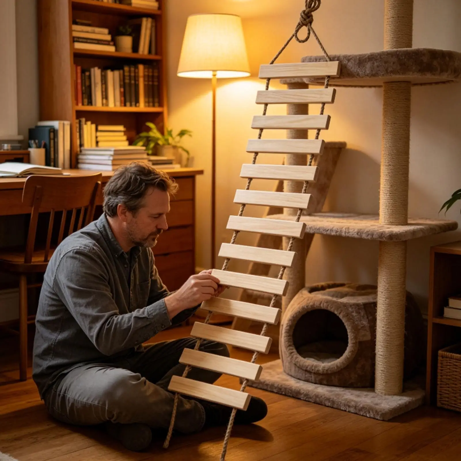 Multi-Level Wooden Cat Wall Steps Wall-Mounted Cat Bridge & Ladder Climbing Frame with Rope for Ceiling Stairway