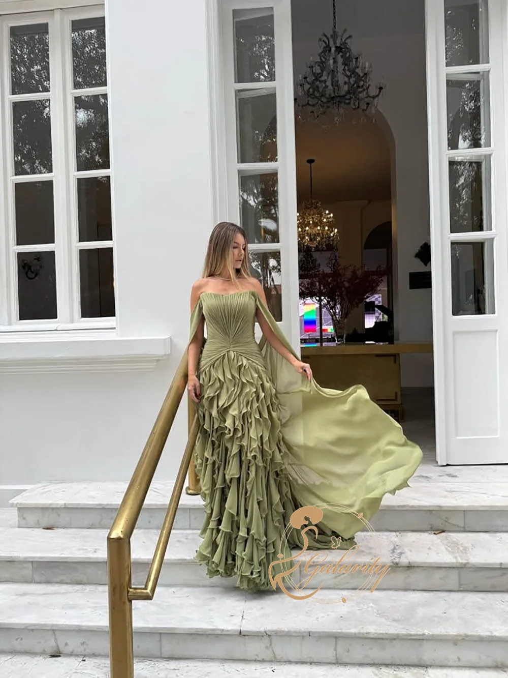 Galarity Olive Green Evening Dresses 2026 Off Shoulder Ruffle Prom Dress Formal Occasion Gown Elegant Party Dress Customizd