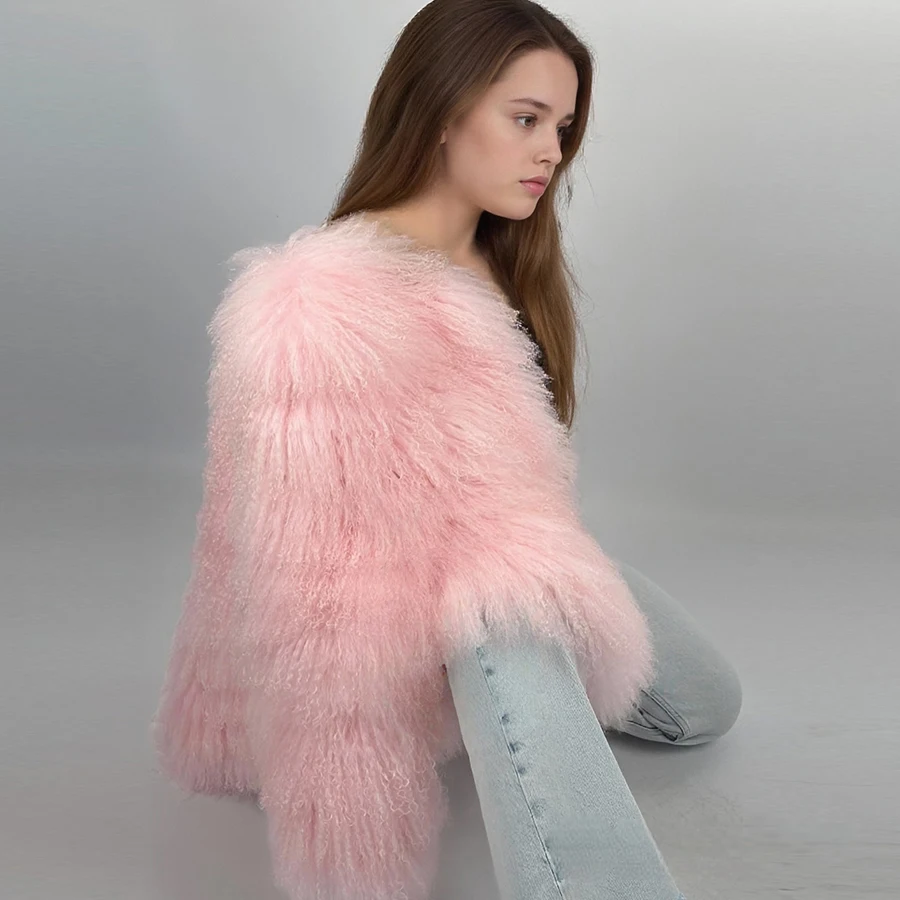 เสื้อโค้ทหนังแกะธรรมชาติคอปกกลม เสื้อโค้ทขนแกะหยิก เสื้อแจ็คเก็ตหนังแท้ผู้หญิง แฟชั่นเสื้อแจ็คเก็ตขนแท้แบบสั้น