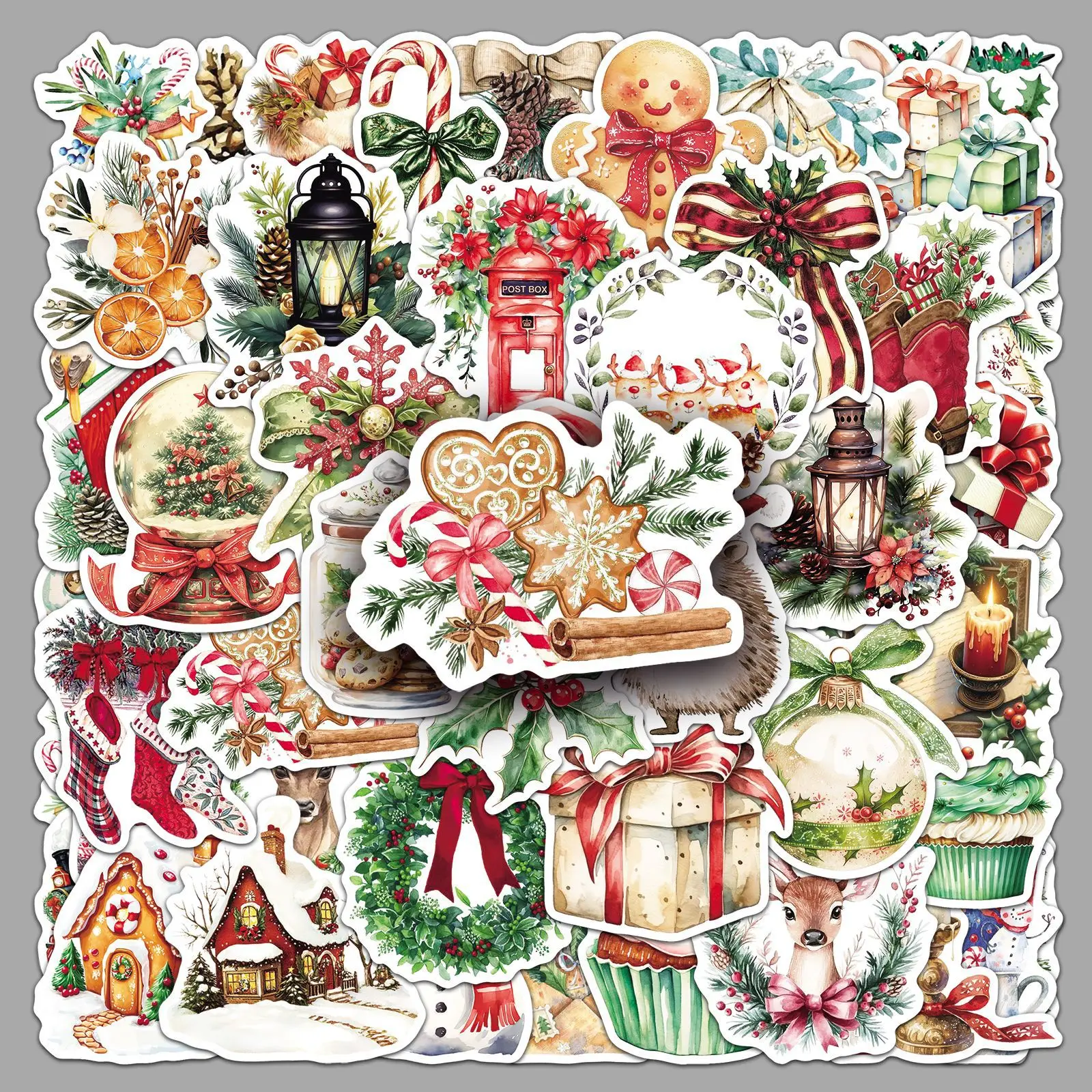 

50PCS Christmas Retro Watercolor Stickers Creative Decoration Water Cup Pencil Box Scooter Waterproof Doodle Decal Kids Toy Gift
