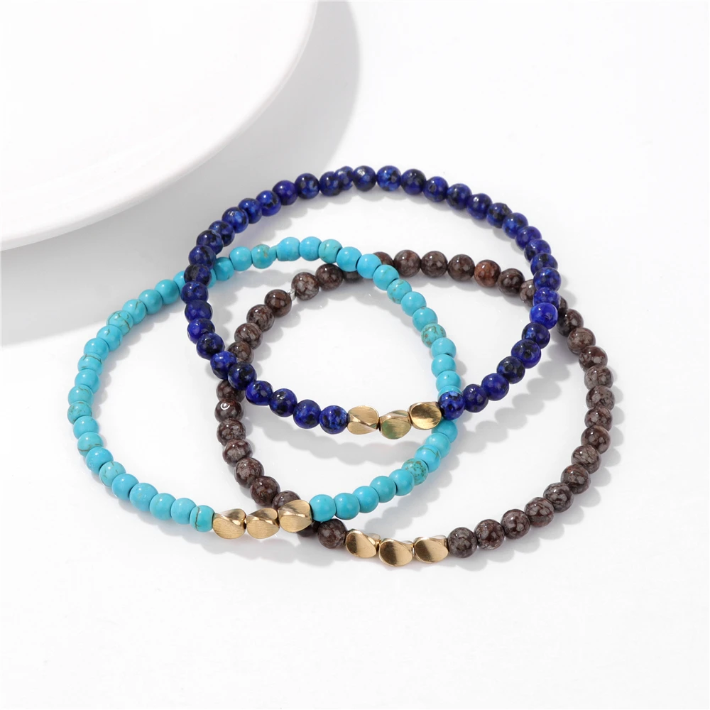 3 teile/satz goldfarben verdrehte Perlen Armband 4mm Naturstein geflochtenes Armband Set für Frauen Männer Lapislazuli Türkis Armreifen