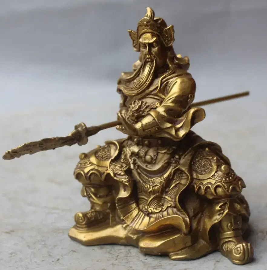 

6" China Ancient Hero Brass Dragon Guan Gong Guan Yu Warrior God Sword Statue Medicine copper Decoration real Brass