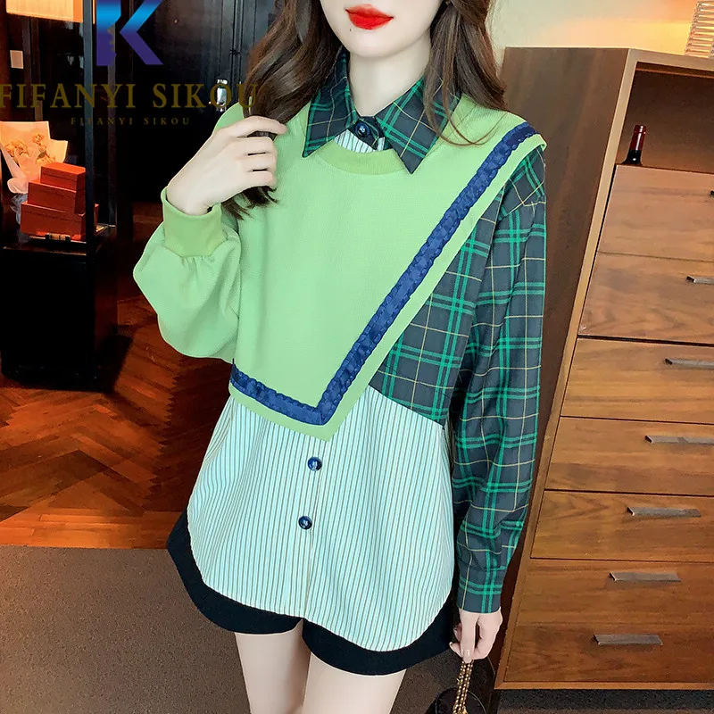 Patchwork Plaid Shirt Women Irregular Fashion Lapel Long Sleeve Shirt 2023 Spring Loose Casual Spliced Womens Tops And Blouses