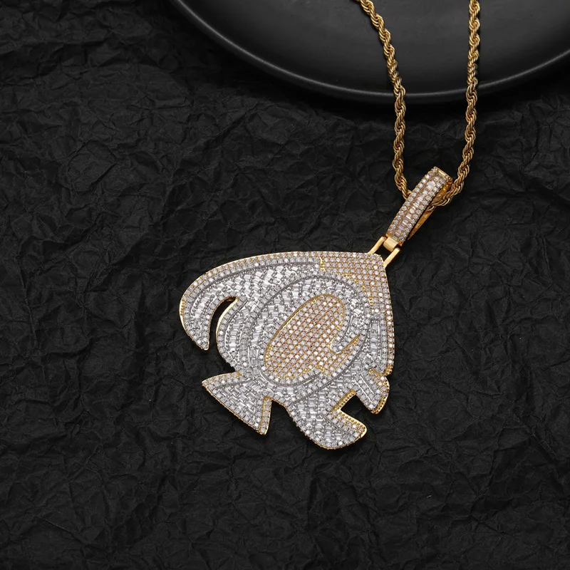 

Hip Hop 5A+ CZ Stone Paved Bling Iced Out ACE Heart Poker Spade A Pendants Necklaces for Men Rapper Jewelry Gold Silver Color