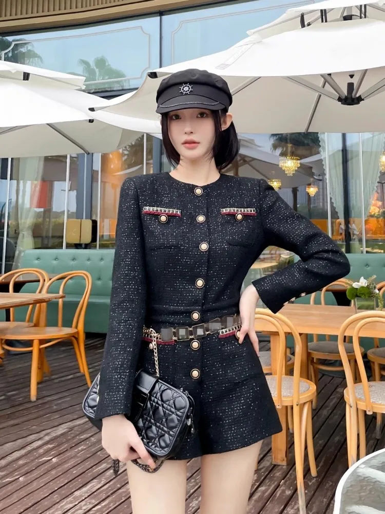 Office Ladies Fashion Long Sleeve New Spring Tweed Rompers O-Neck High Waist Designer Single Breasted Wide Leg Women Playsuits