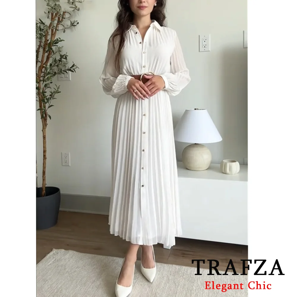 TRAFZA Fashion Autumn Women's Clothing 2024 NEW Casual Temperament Elegant With Belt Midi Pleated Shirt Dress 8372/089