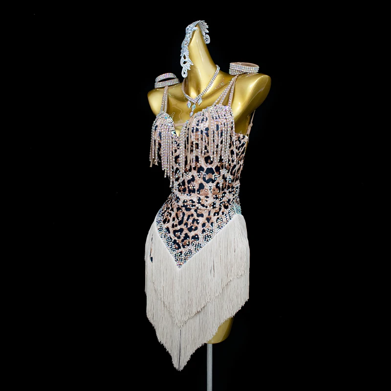 فستان رقص لاتيني للنساء مخصص بشراشيب مطبوعة بطبعة الفهد ملابس المنافسة المهنية فساتين أداء التانغو السامبا