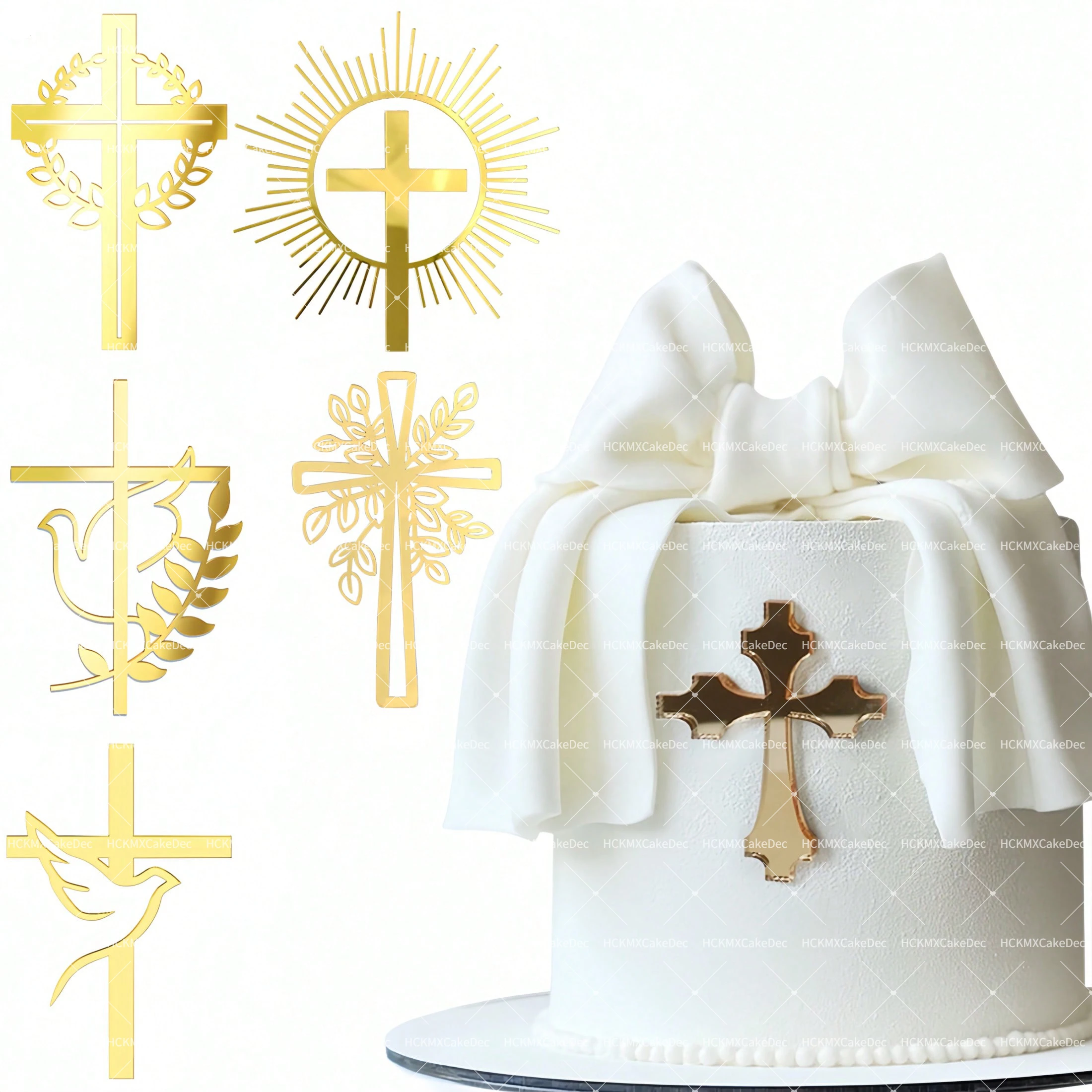 Juego de 3 Adornos de Pastel con Cruz Dorada, Decoración Religiosa de Acrílico para Pastel, para Bautizo, Primera Comunión, Confirmación, Artículos para Fiestas