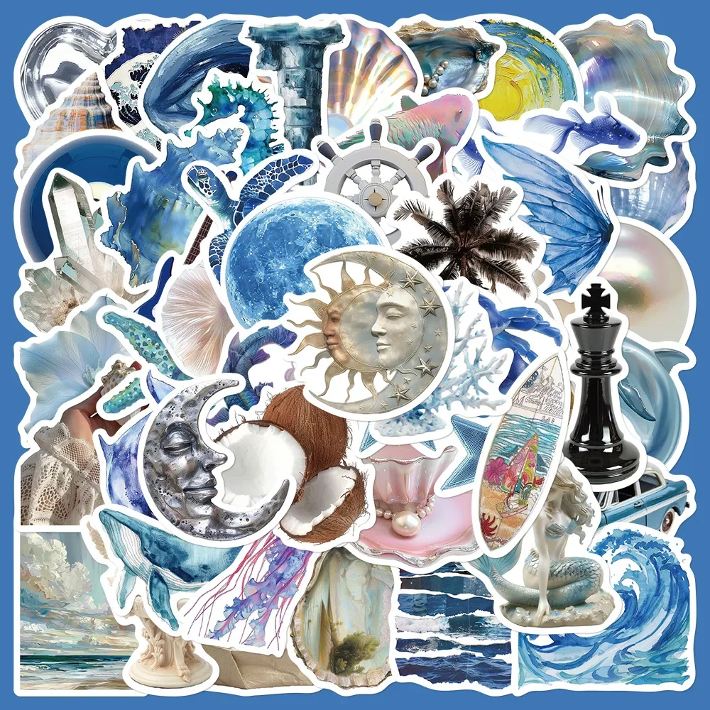 50 Stück blaue Ins-Stil Ozean Muscheln schöne Aufkleber DIY Telefon Laptop Gepäck Skateboard Graffiti Aufkleber Spaß für Kinder Geschenk
