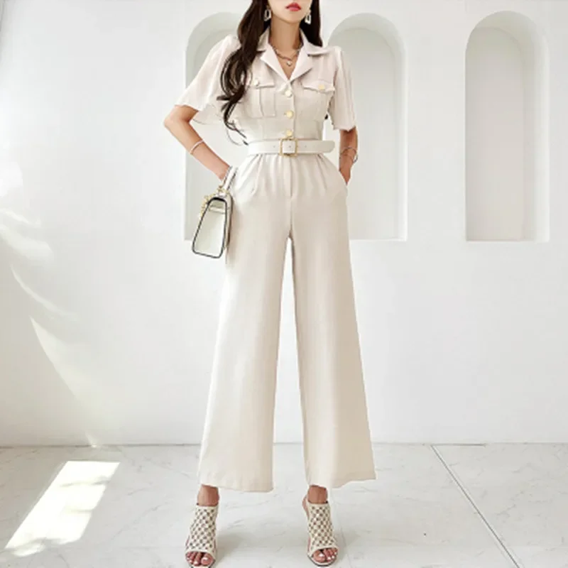 New Korean Temperament Slim Waist Summer Jumpsuits Women Stylish Suit Collar Short Sleeves Pocket Wide Leg Jumpsuit