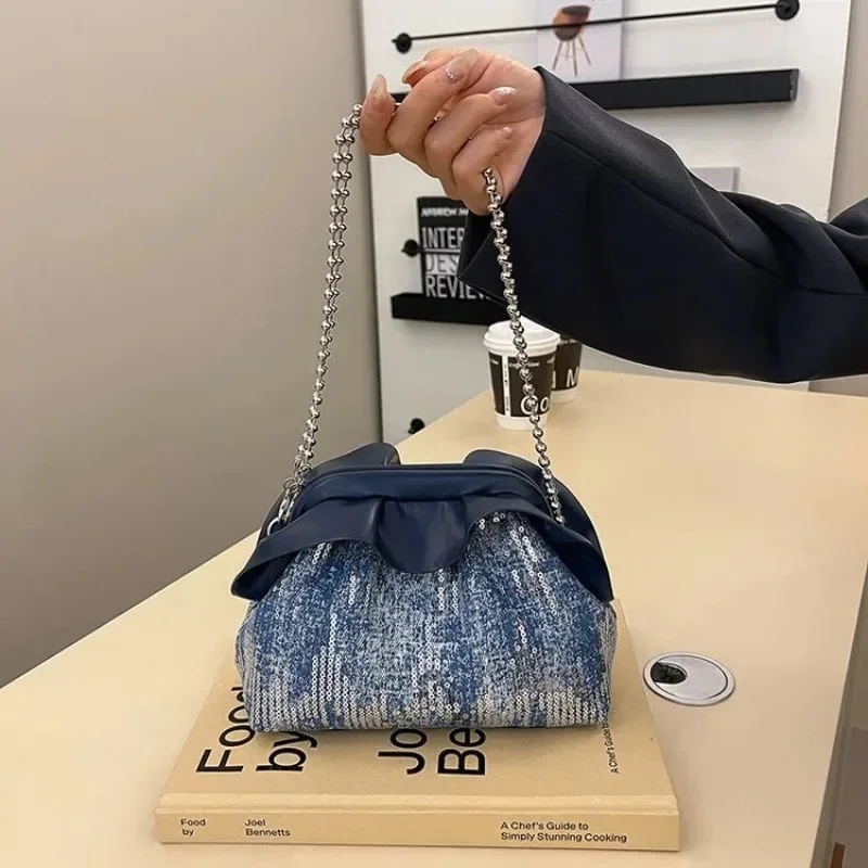 

Clamp Mouth Sequins Beading Solid Thread Sewing Thread Denim Shoulder Bags 2025 Hot Sale Pleated Skirt Bag for Women Bolso Muje