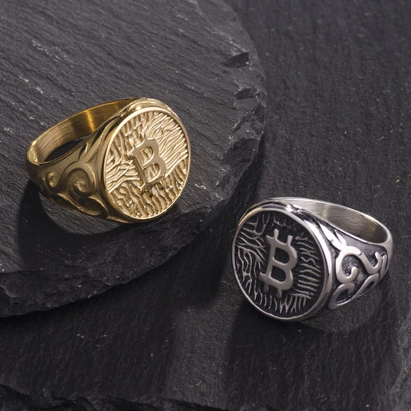 Valily Punk Rock Titanium Stainless Steel Bitcoin Round Rings for Men Rapper Jewelry Men\'s Signet Ring Charm Jewelry