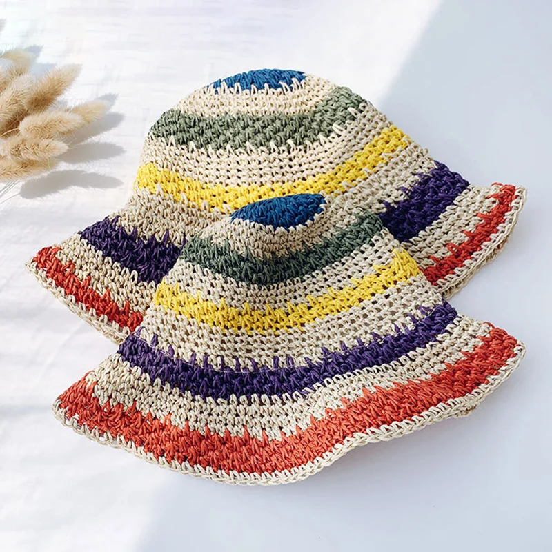 Spring Summer Outdoor Sun Cap Colorful Handmade Crochet Bucket Visor Hat Folded Beach Sunscreen Straw Rainbow Hats for Women