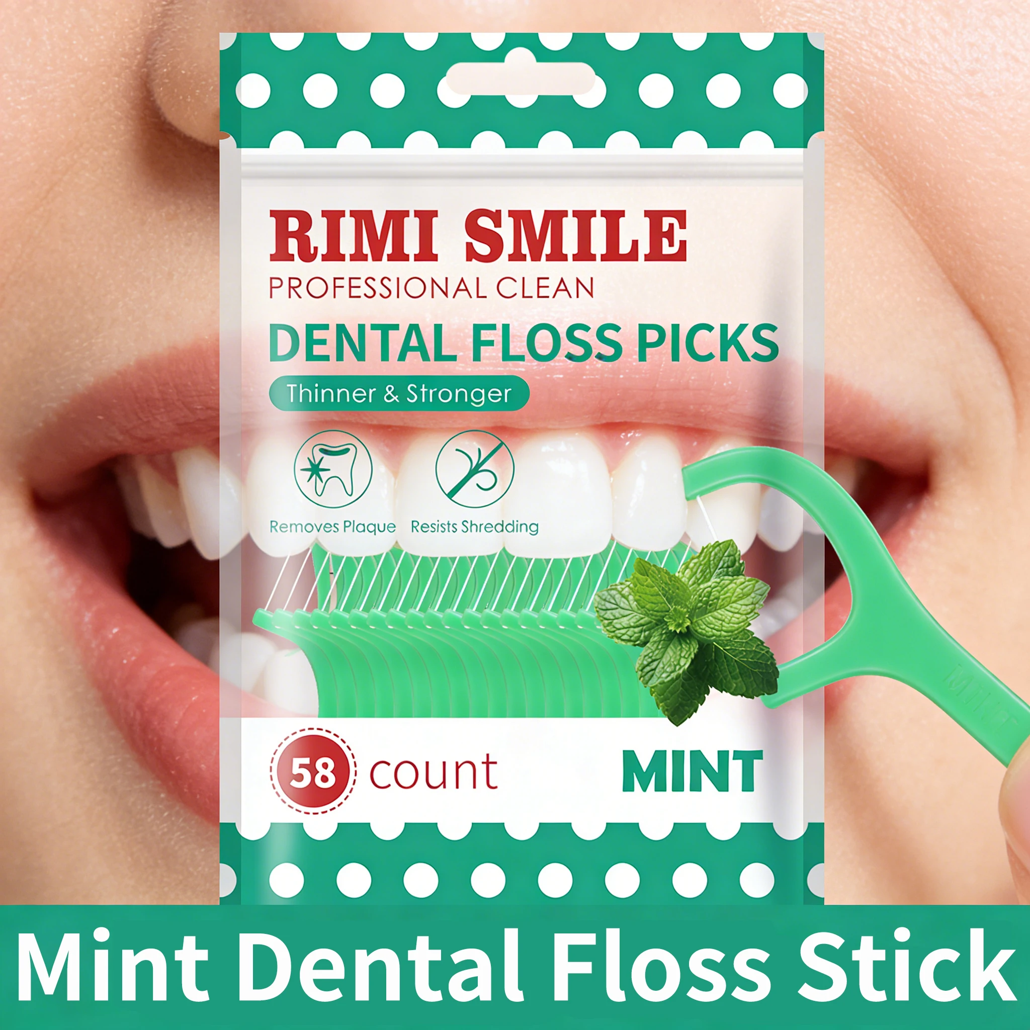 RIMI SMILE Mint Dental Floss Picks with Portable Travel Case, 58 Count Thinner & Stronger Floss Sticks, Shred-Resistant Plaque R