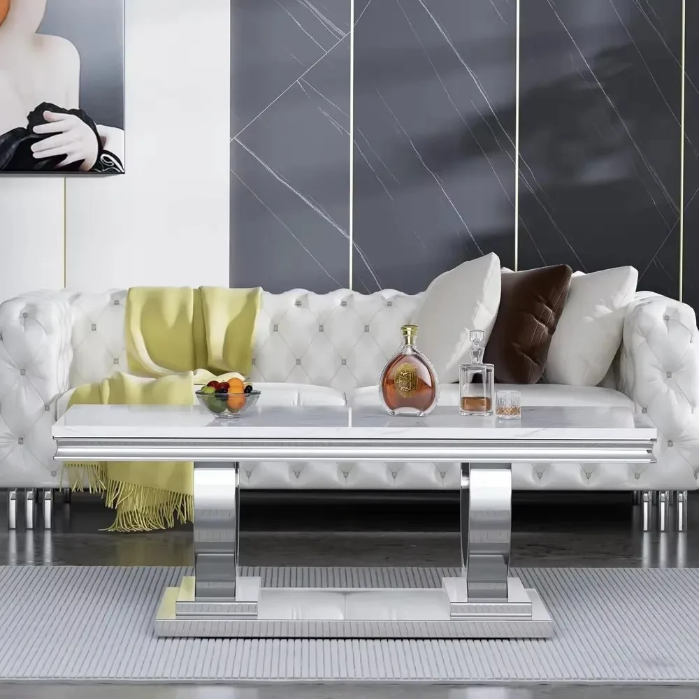 47" Rectangular Coffee Table, Modern White Faux Marble Cocktail Table, with Silver Mirrored Finish U-Shape Stainless Steel Base