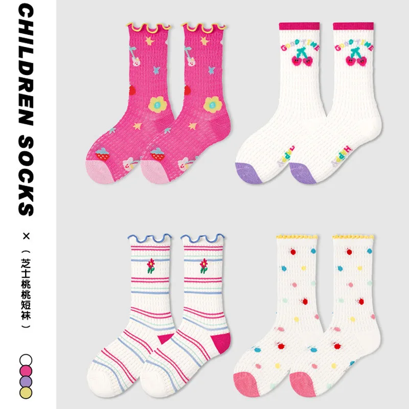 

S1658 Girls Socks Summer Thin Sock Polka Dots Pattern Medium Socks Children's Trendy Cotton Sock 4 Pairs Pack Kids Crew Socks