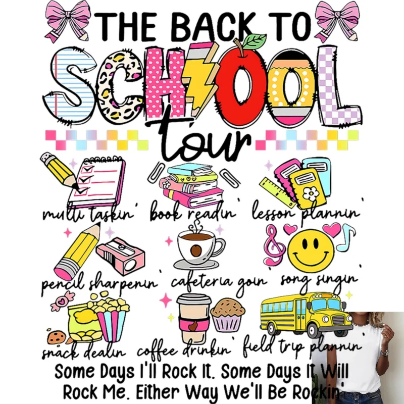 Fun Back To School Theme Heat Transfer White Ink Iron - on Patch, Campus Elements (Books/School Bus/Coffee) Versatile T - shirt
