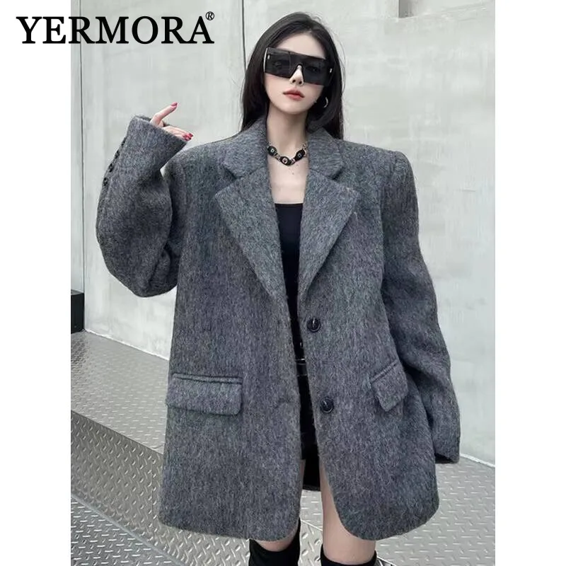 

YERMORA Brown Button Brief Casual Warm Blazer For Women Lapel Long Sleeve Loose New Jacket Fashion Tide Autumn Winter 2025