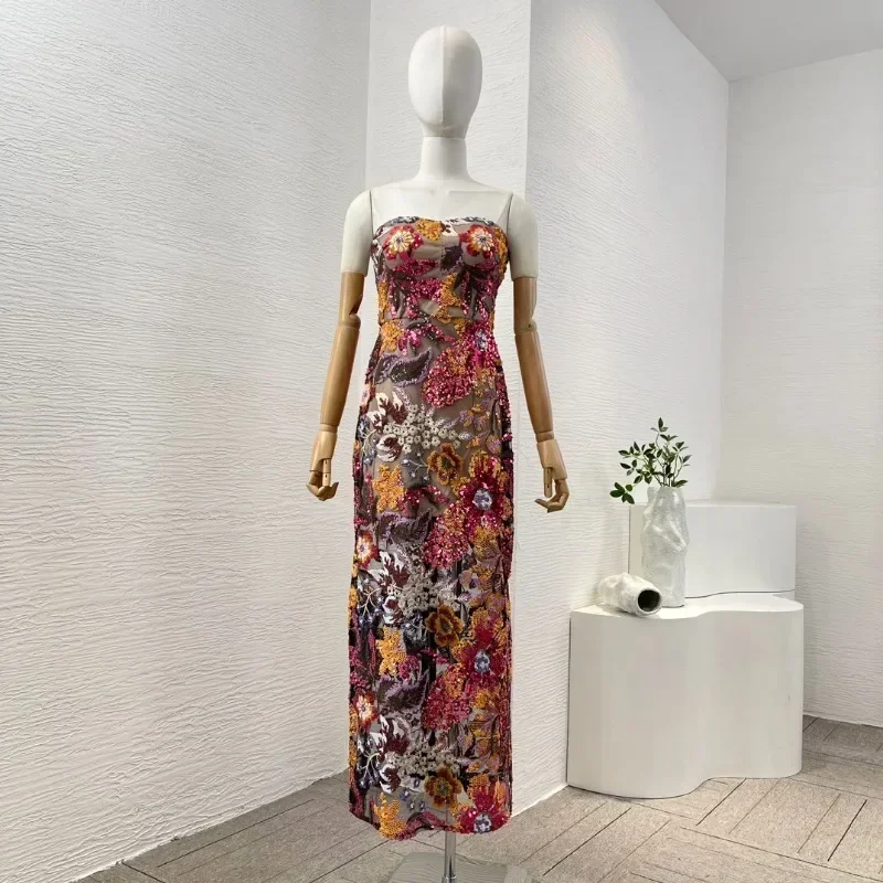 Elegant Multicolor Sequined Strapless High Quality Sleeveless Slim Midi Dress for Women 2024 New Arrival