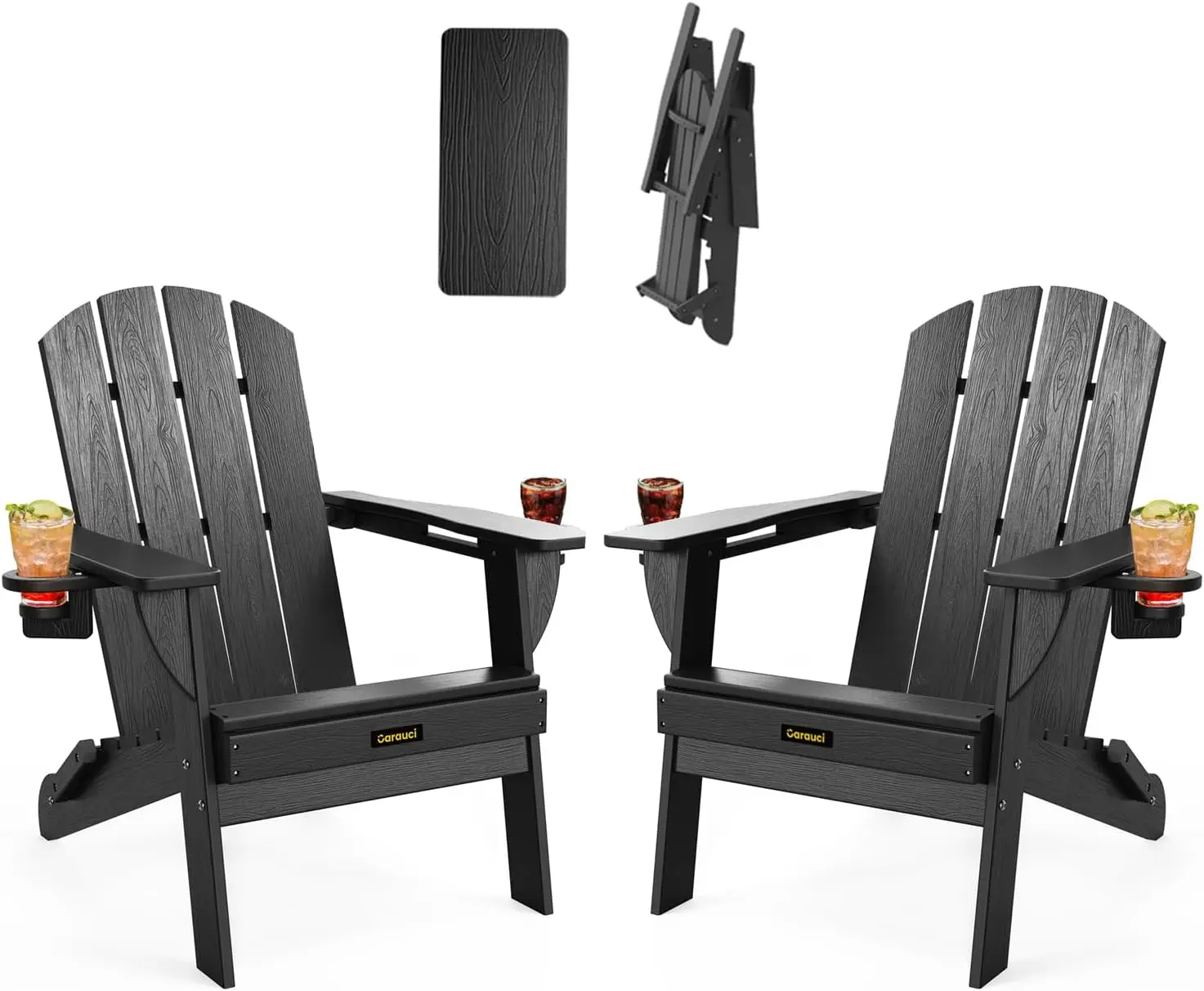 Folding Adirondack Chair Set of 2, Wooden Textured Plastic Adirondack Chairs with 2 Cup Holder, Weather Resistant HDPE Fire