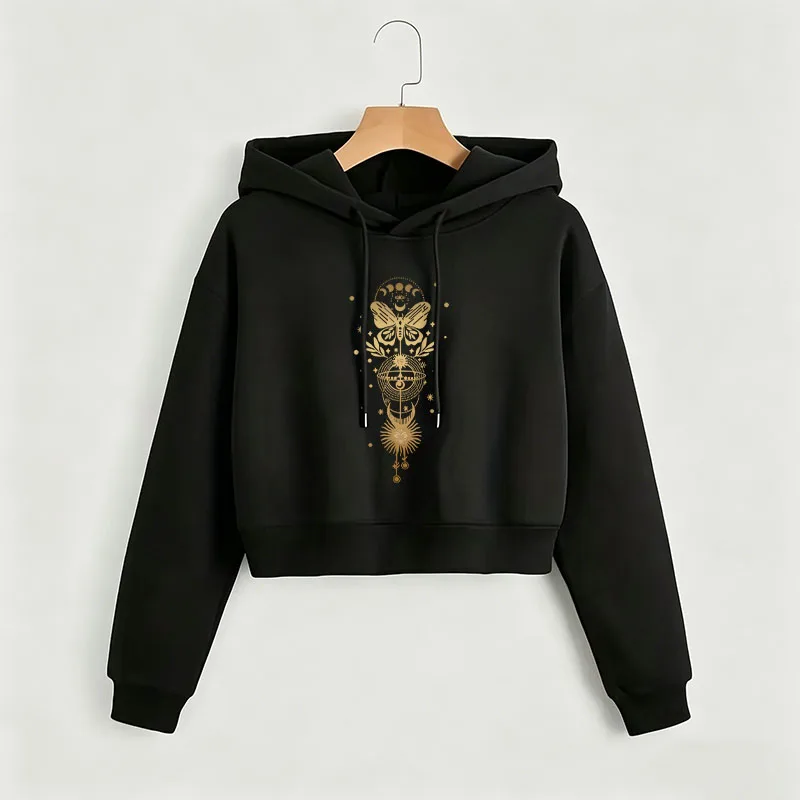 

Vintage Butterfly with Moon Print Autumn Winter Cropped Sweatshirt Crop Top Hoodie Y2k Sweatshirts Gothic Casual Style Clothes
