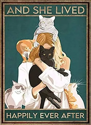 Metal Sign and She Lived Happily Ever After Poster cat Cute Logo Coffee Shop Kitchen Toilet Nics Valentine;