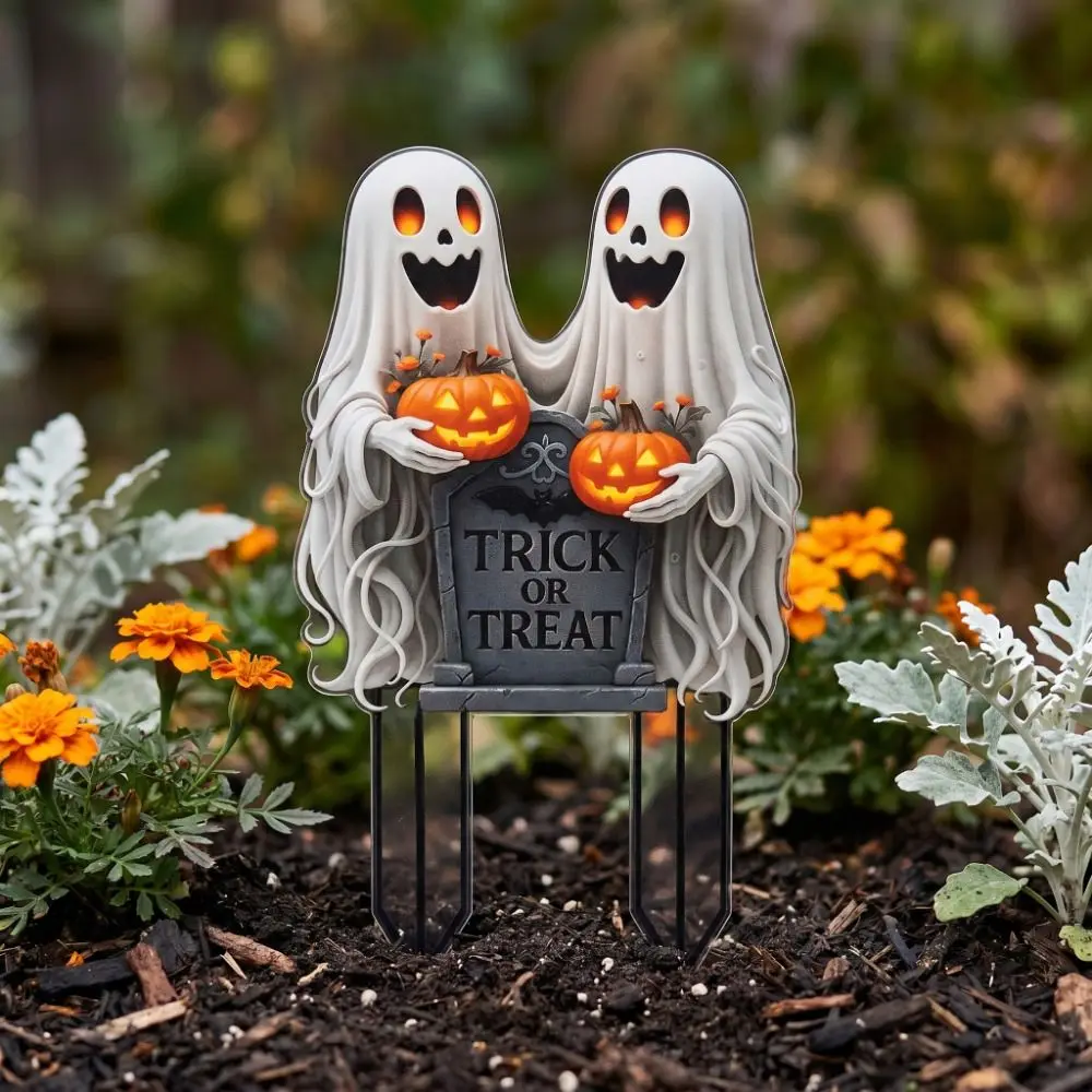 Funny Acrylic Halloween Ghost Stake 2D Flat Trick Or Treat Garden Decoration Pumpkin Floor Socket Ghost Plaque Garden