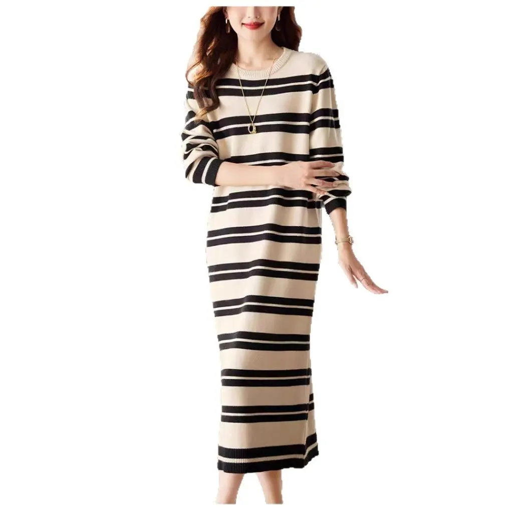 

Korean Retro Striped Sweater for Women Long Lazy Style Knitted Dress Autumn Winter Casual Contrasting Colors New