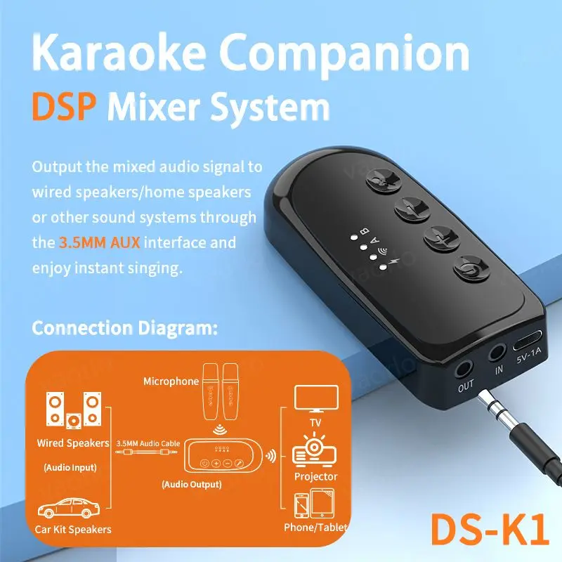 VAORLO DS-K1 Karaoke Companion Bluetooth 5.3 Moving-Coil Microphone Wireless KTV DSP Mixer System 3.5MM AUX TypeC Amplifier Host